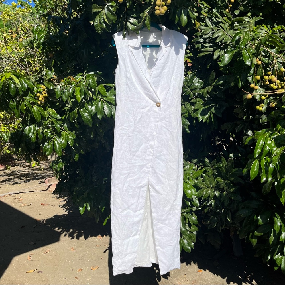 RUMER The Label white linen cotton padded shoulder sleeveless maxi dress